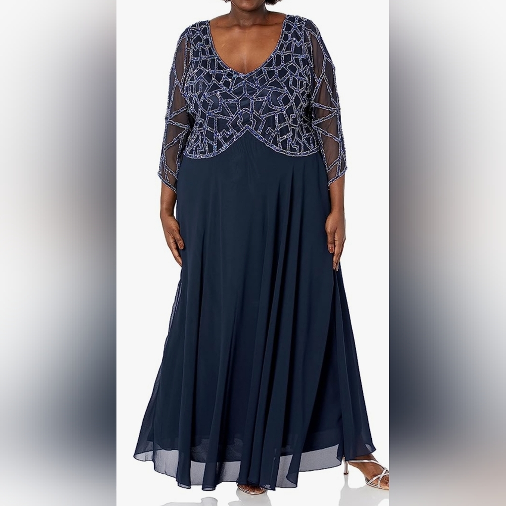 J Kara Plus Size 3/4 Sleeve Geo Beaded Gown